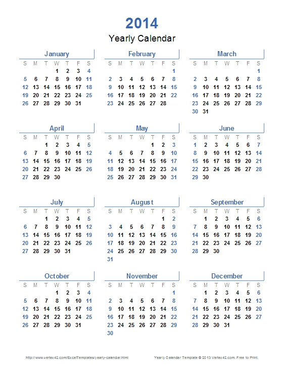 2014 printable yearly calendar