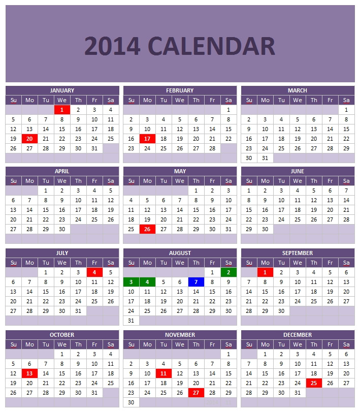2014 yearly calendar template