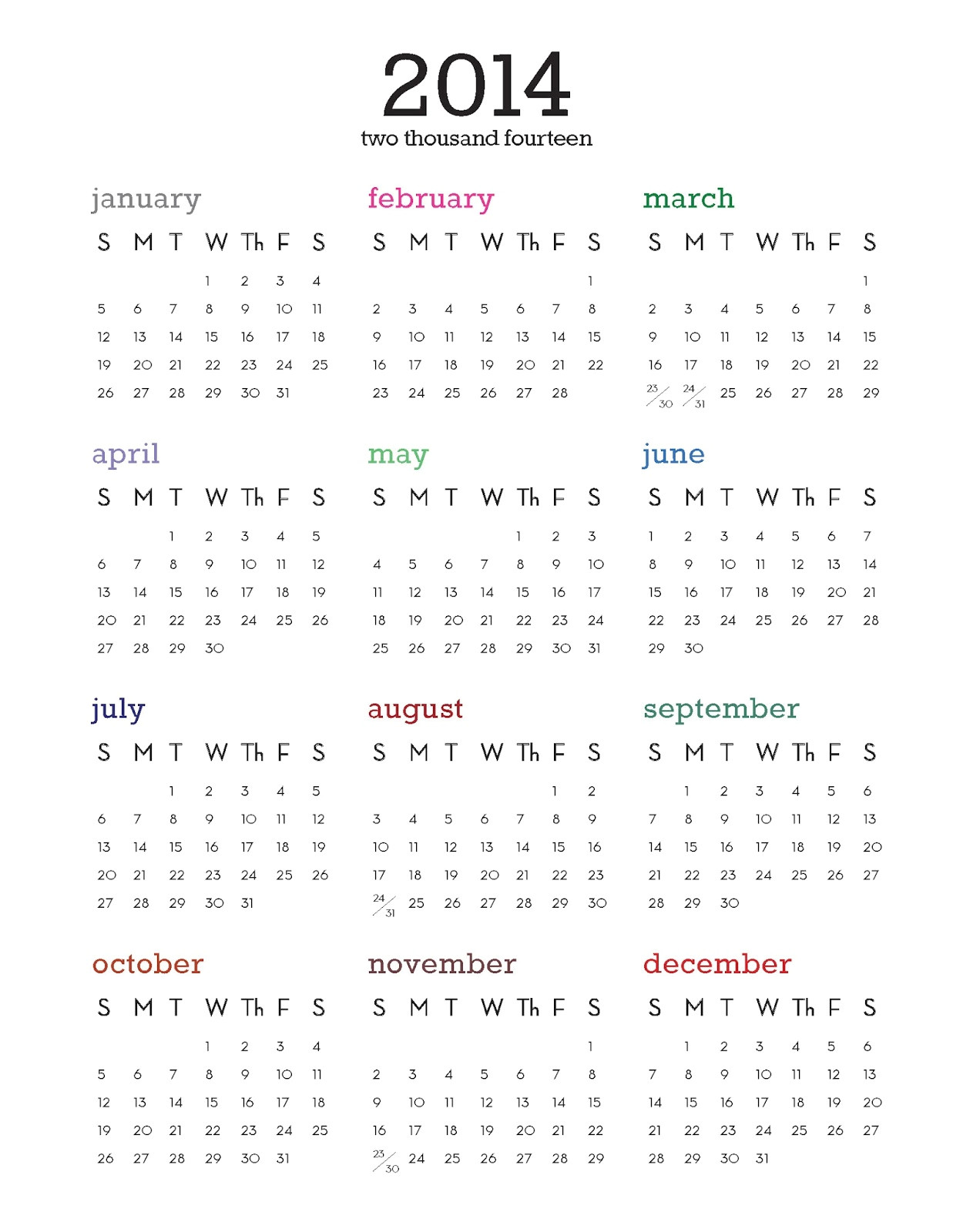 2014 calendar printable one page