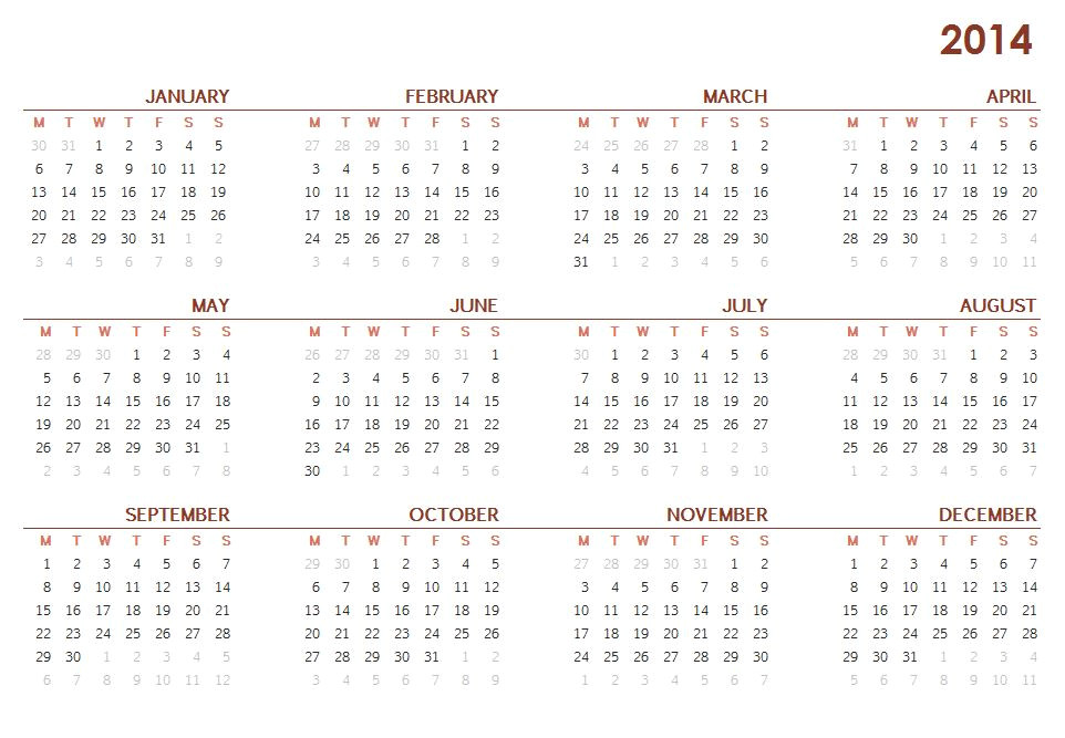 year calendar 2014 printable one