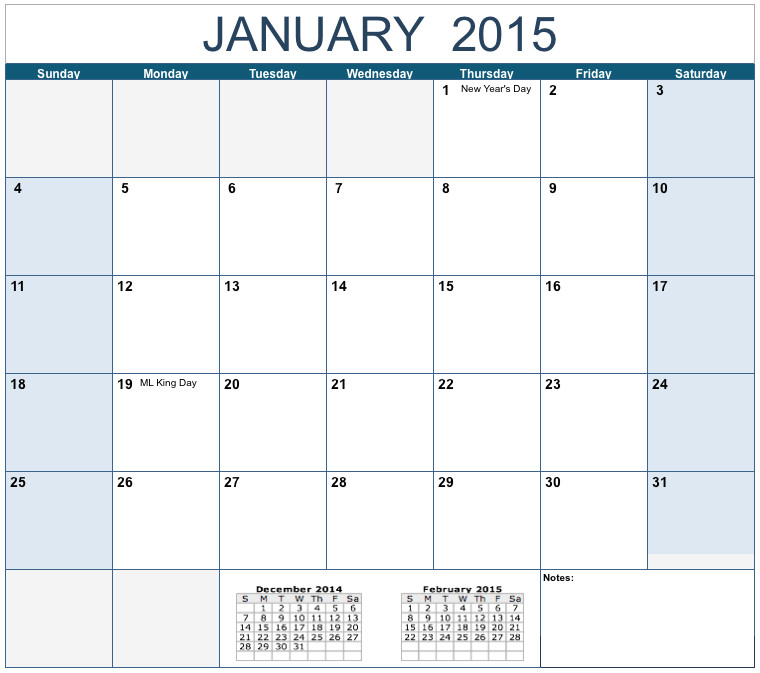 horizontal 2015 monthly calendar template numbers
