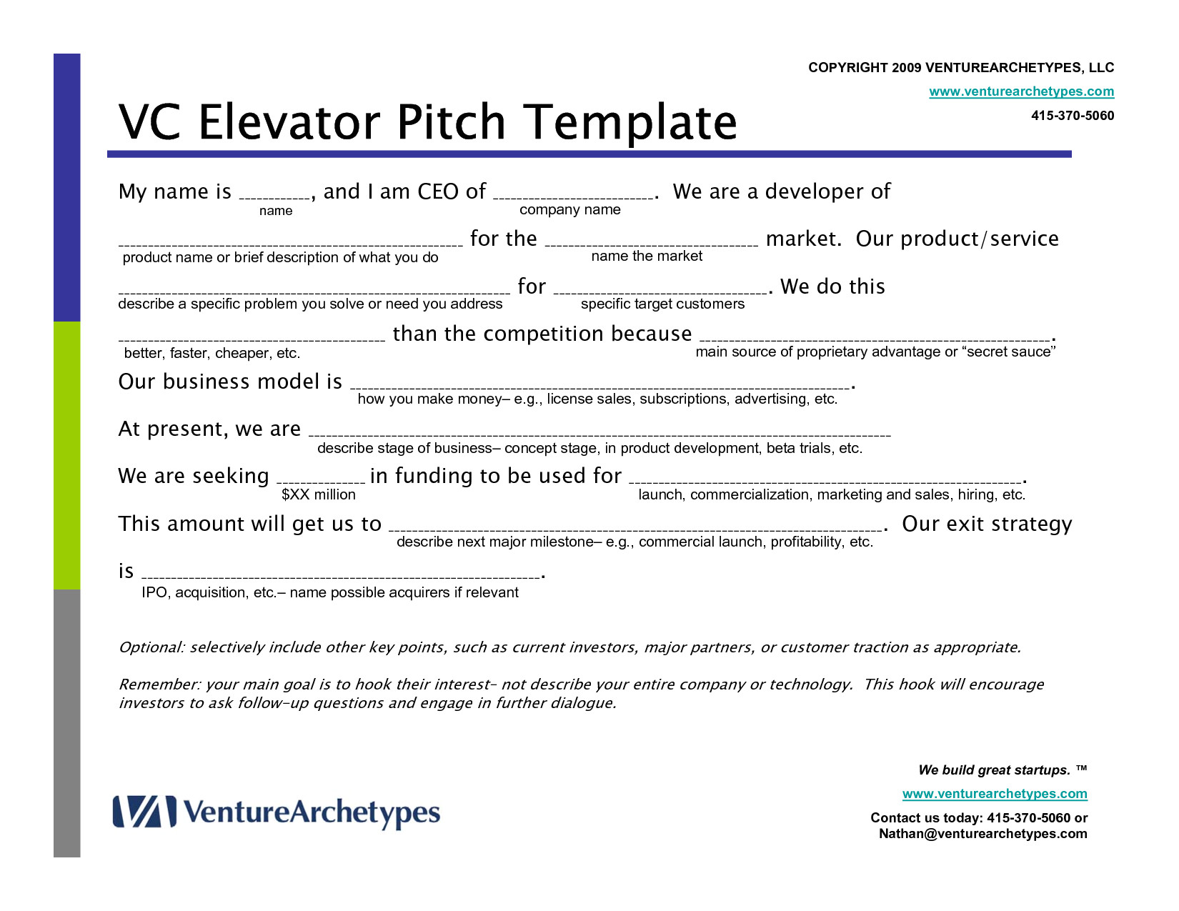 elevator pitch template