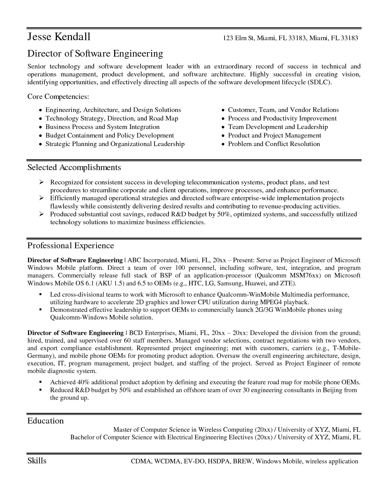 experienced resume samples for software engineers doc