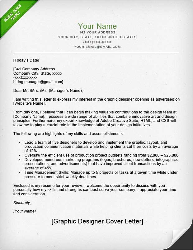 A Cover Letter is Designed to Graphic Designer Cover Letter Samples Resume Genius