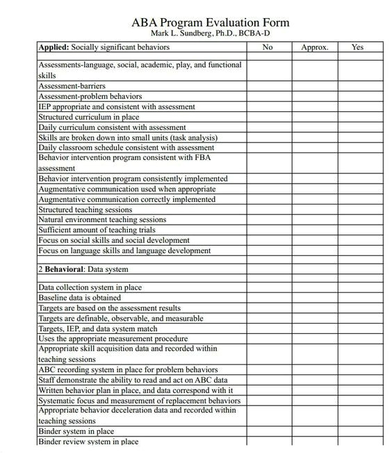 Aba Program Template Aba Program Evaluation form by Mark L Sundberg Ph D