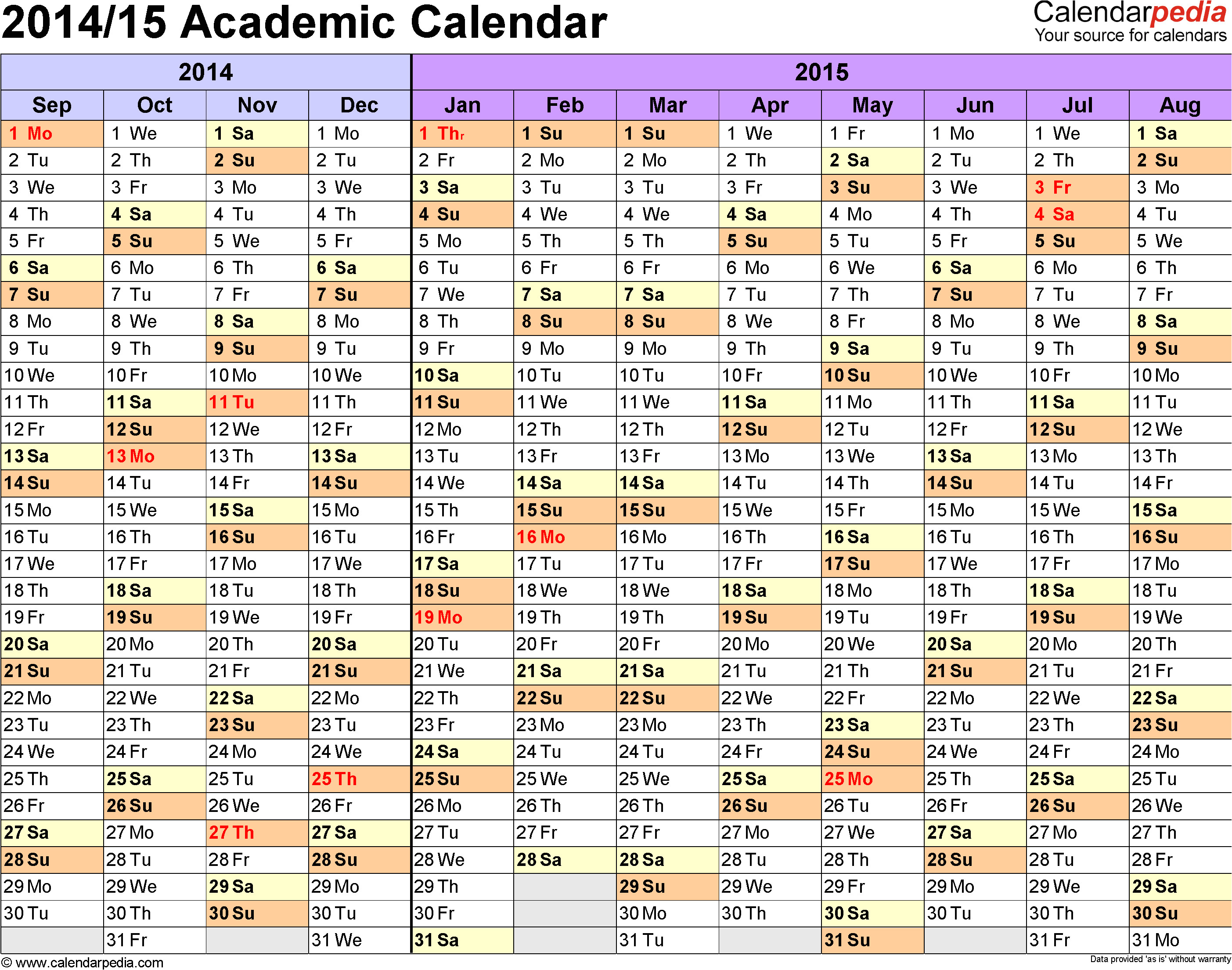 academic calendar 2014 2015 word templates