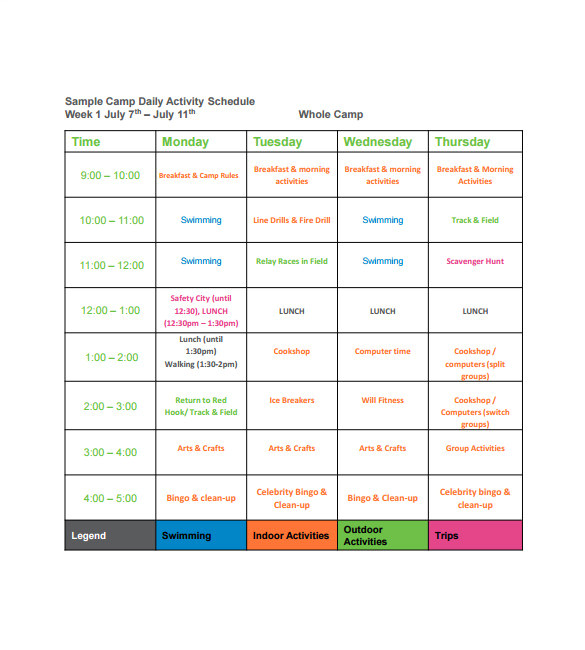 camp schedule template