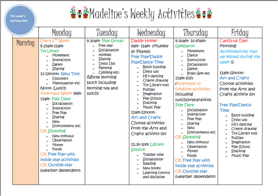 Activity Programme Template Learn with Play at Home Weekly Kids Activity Planner