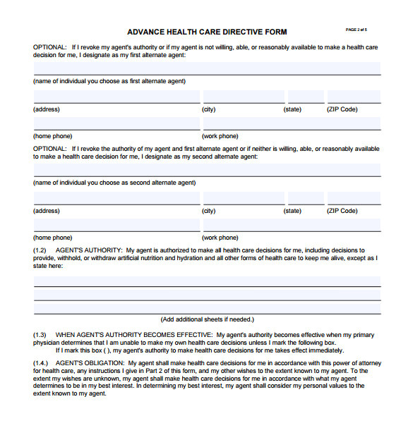 sample advance directive form