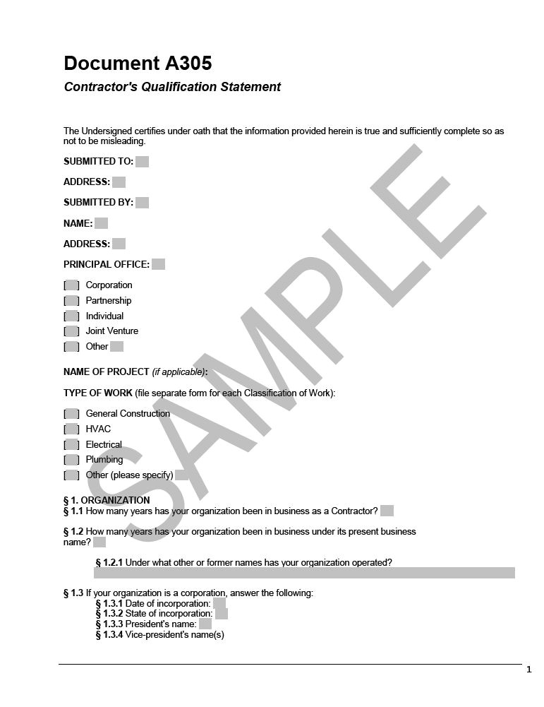 Aia A305 Template A305 Contractor 39 S Qualification Statement Cms
