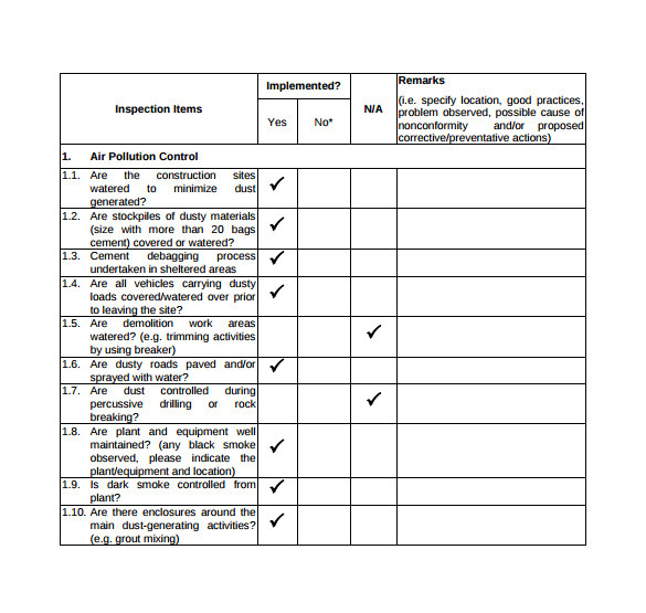 sample inspection checklist template