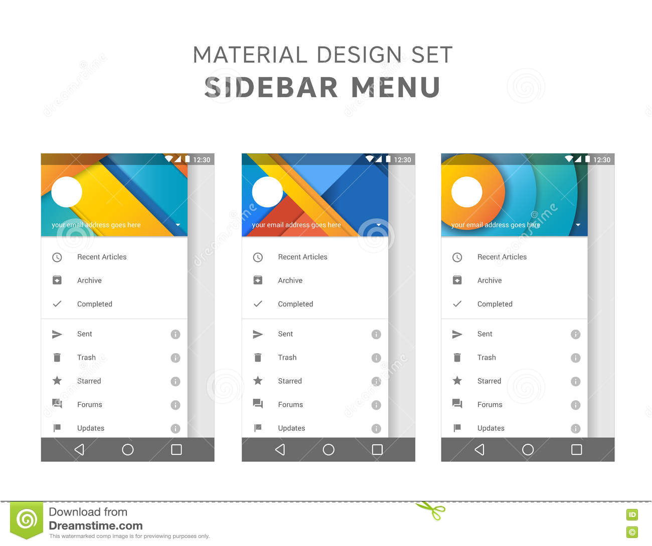 stock illustration vector set material design sidebar menu templates mail agent ui elements user interface design android gui marshmallow image75223348