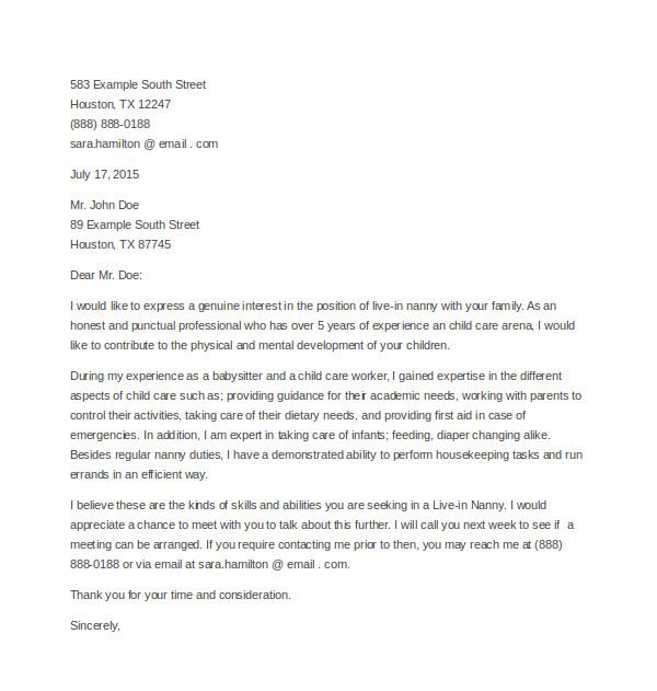 Applying for A Nanny Position Cover Letter 4 Nanny Cover Letters Sample Templates