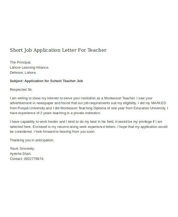 job application letter for teacher