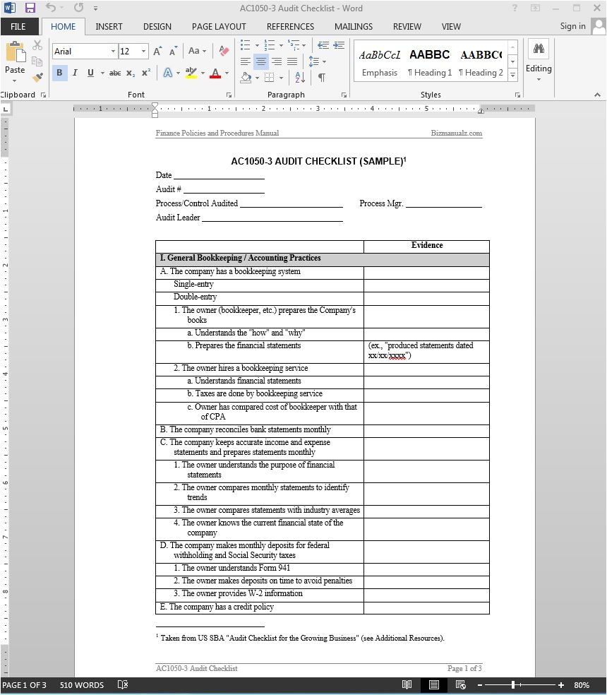 financial audit checklist template
