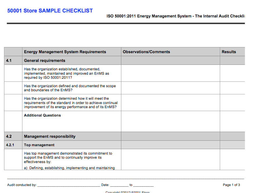iso 50001 internal audit checklist