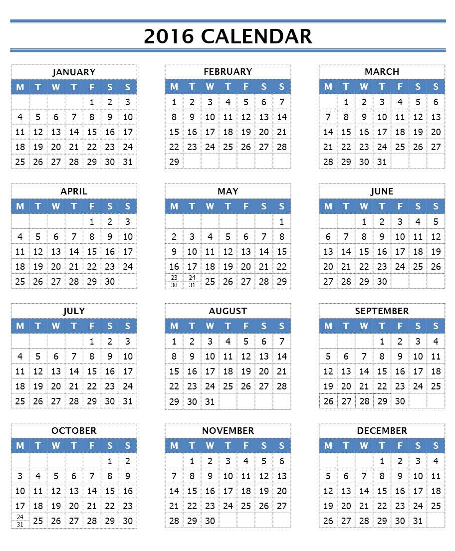 2016 calendar templates