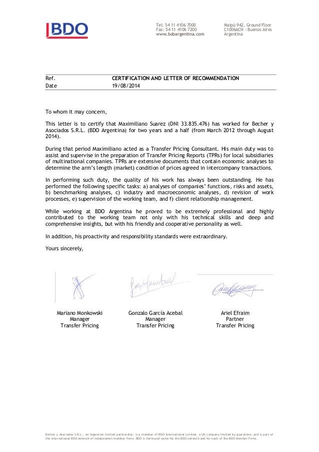 Bdo Cover Letter Letter Of Recommendation Maximiliano Suarez Bdo
