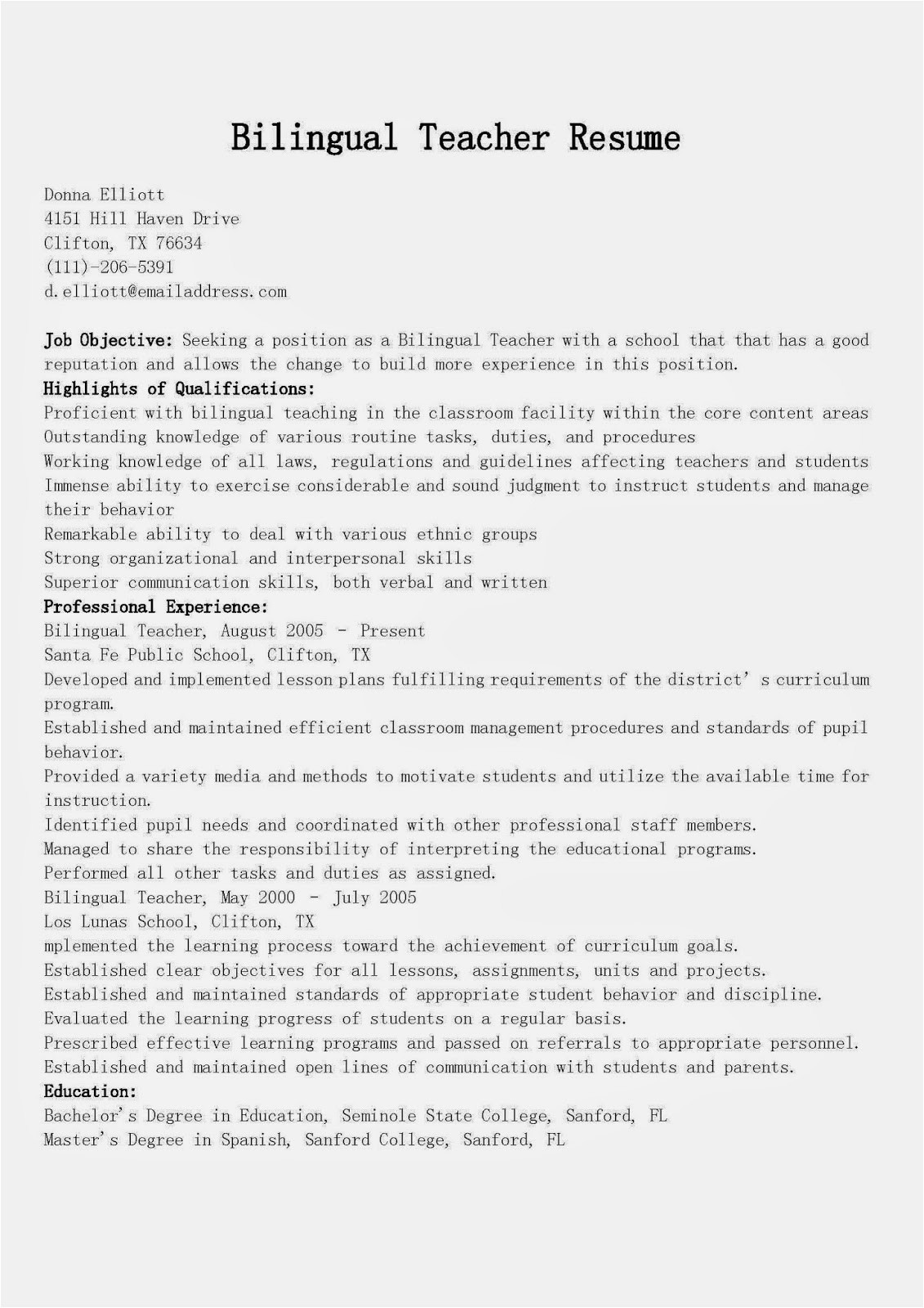 Bilingual Teacher Resume Samples Resume Samples Bilingual Teacher Resume Sample