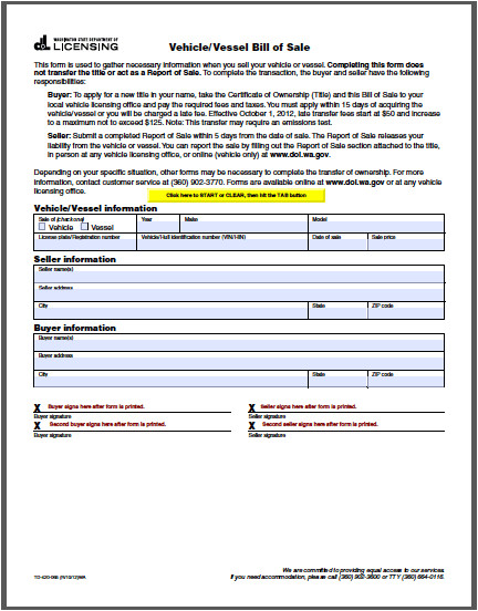 Bill Of Sale Template Wa Washington Vehicle Bill Of Sale form Free Fillable Pdf forms