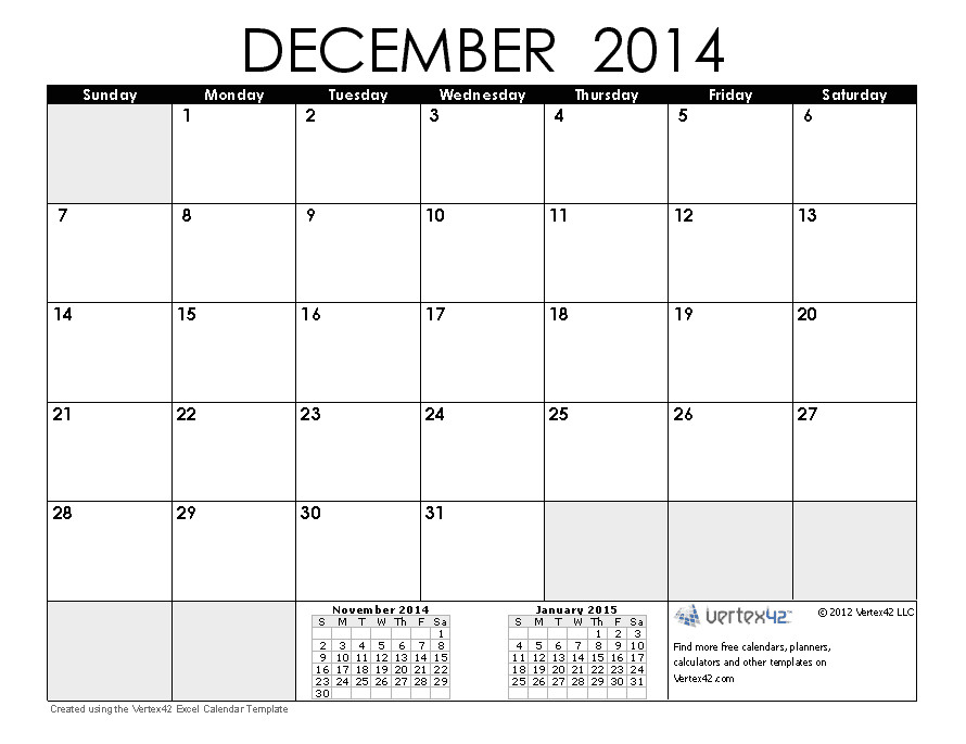 december blank calendar 2014
