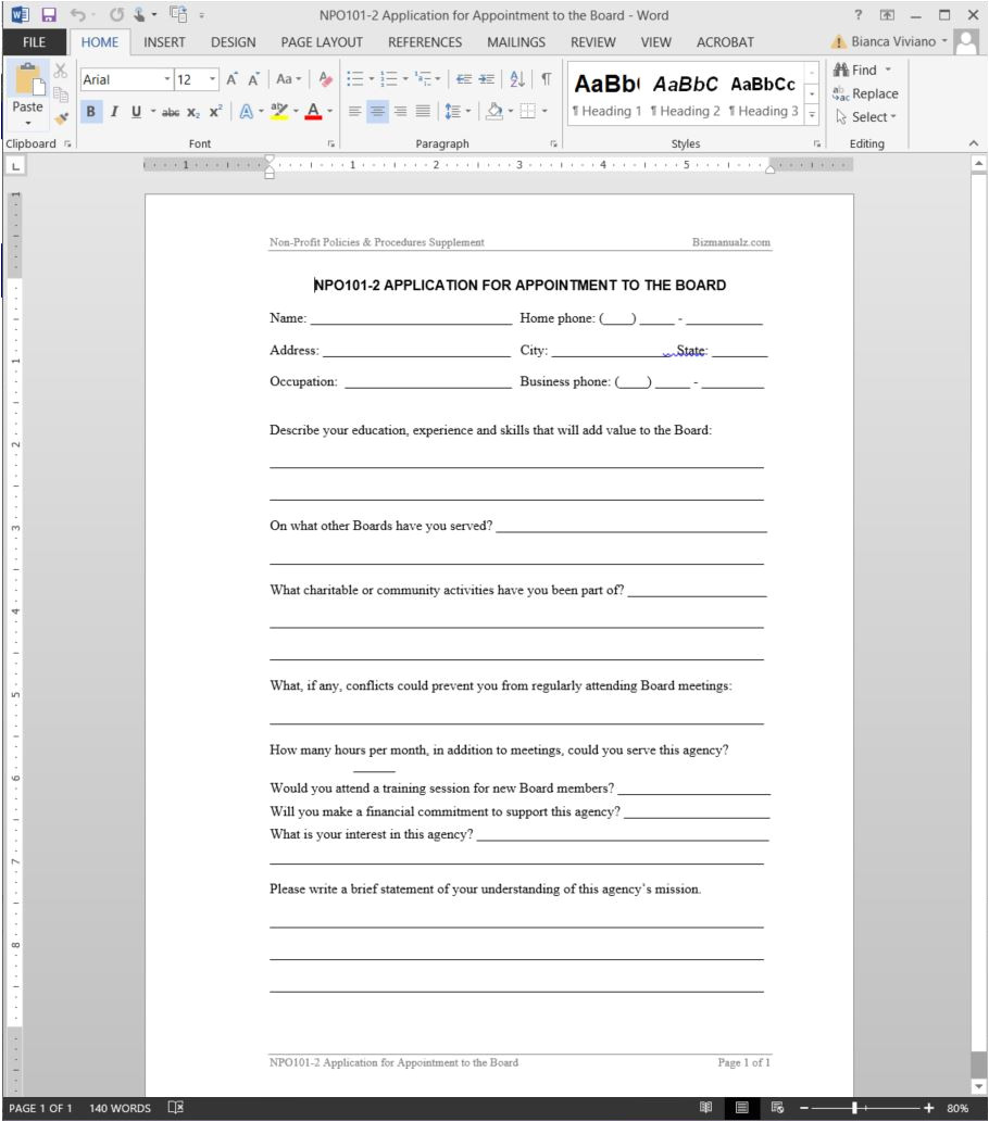 Board Member Application Template Appointment to the Board Application Template