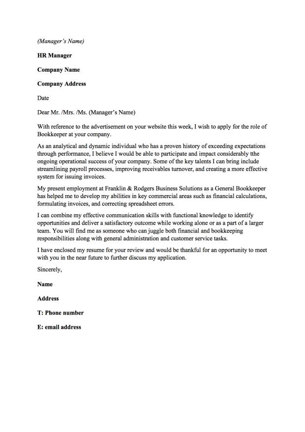 bookkeeper cover letter