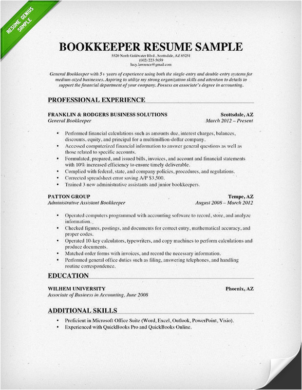 bookkeeper resume example