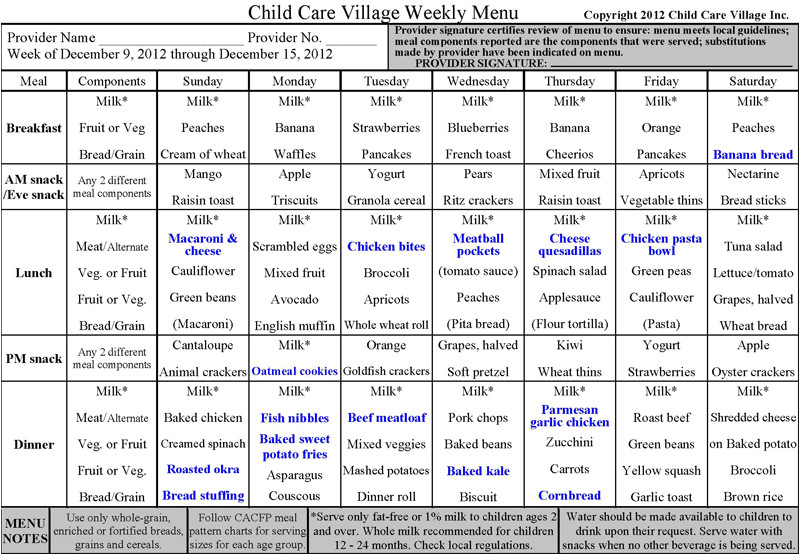 child care menus shtml