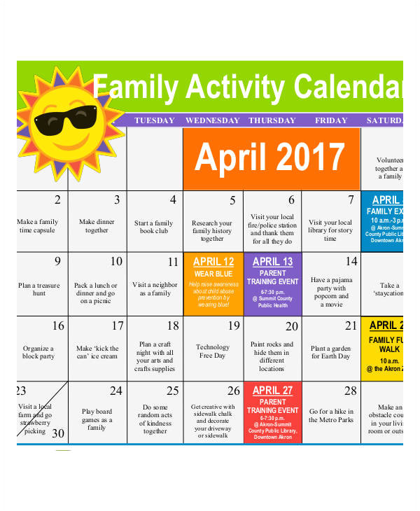 activity calendar template