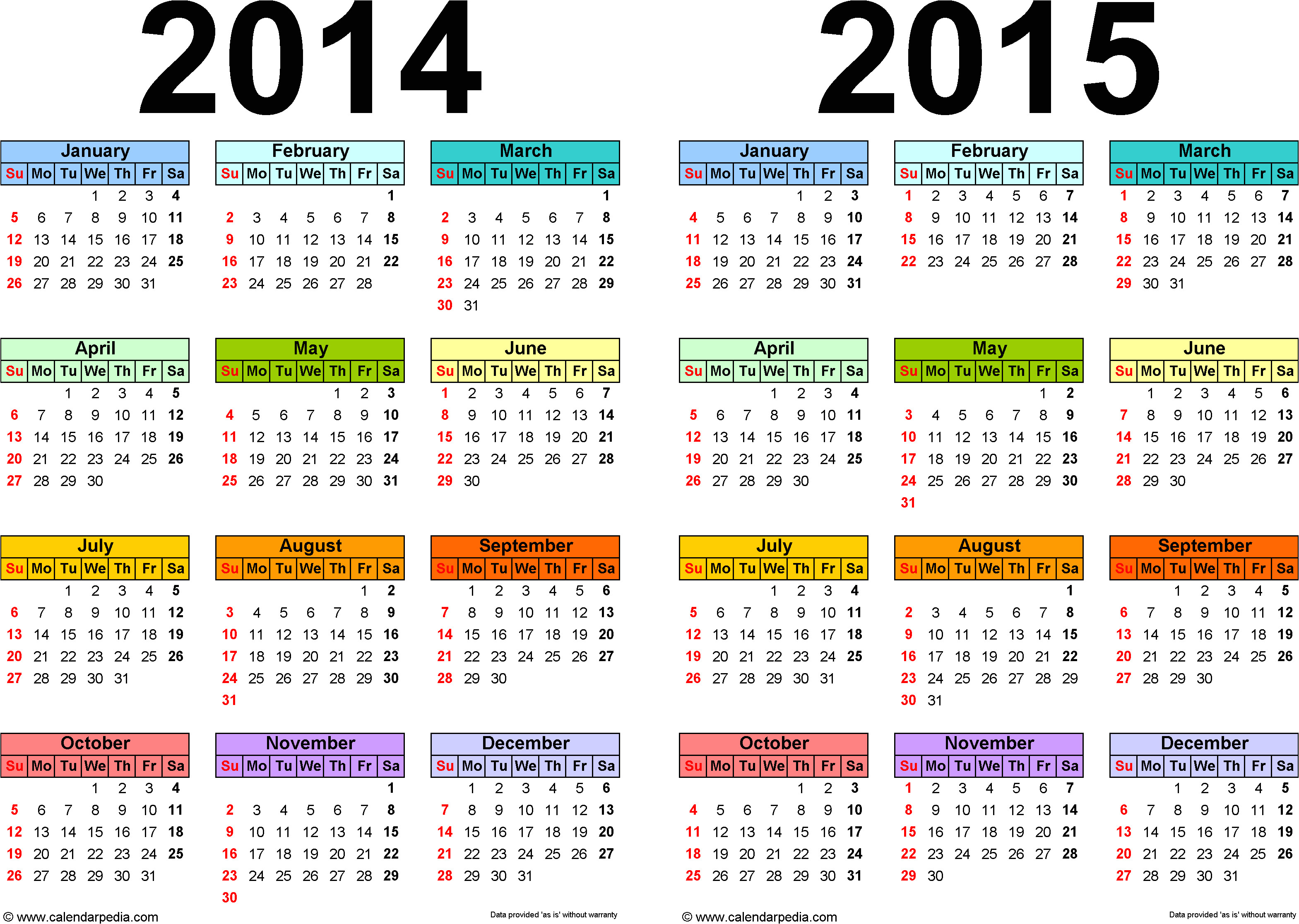 two year 2014 2015 calendar word templates