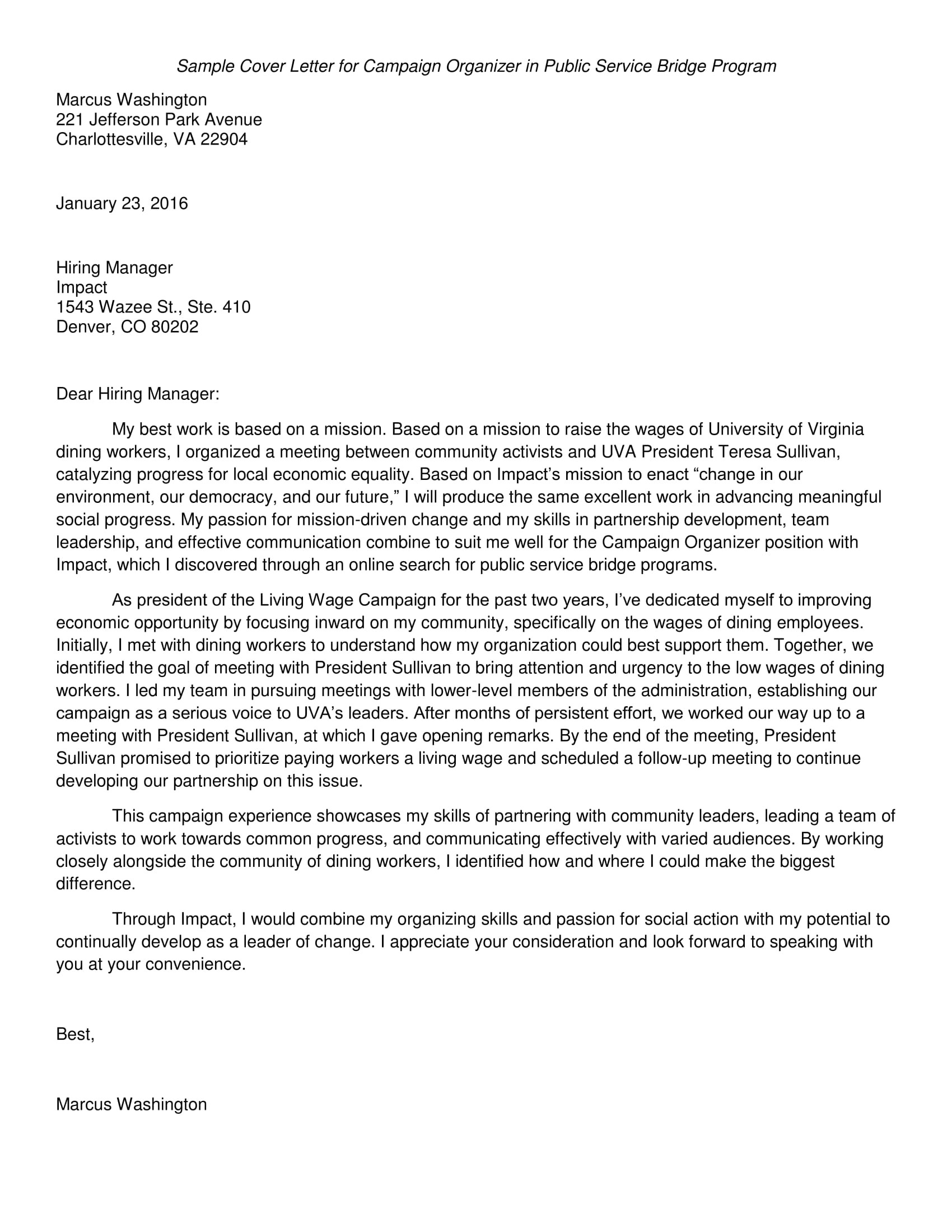 Campaign Manager Cover Letter 32 Best Sample Cover Letter Examples for Job Applicants