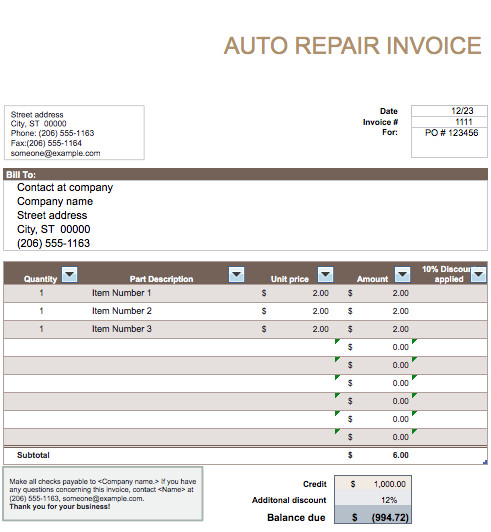 auto repair invoice template word 1916