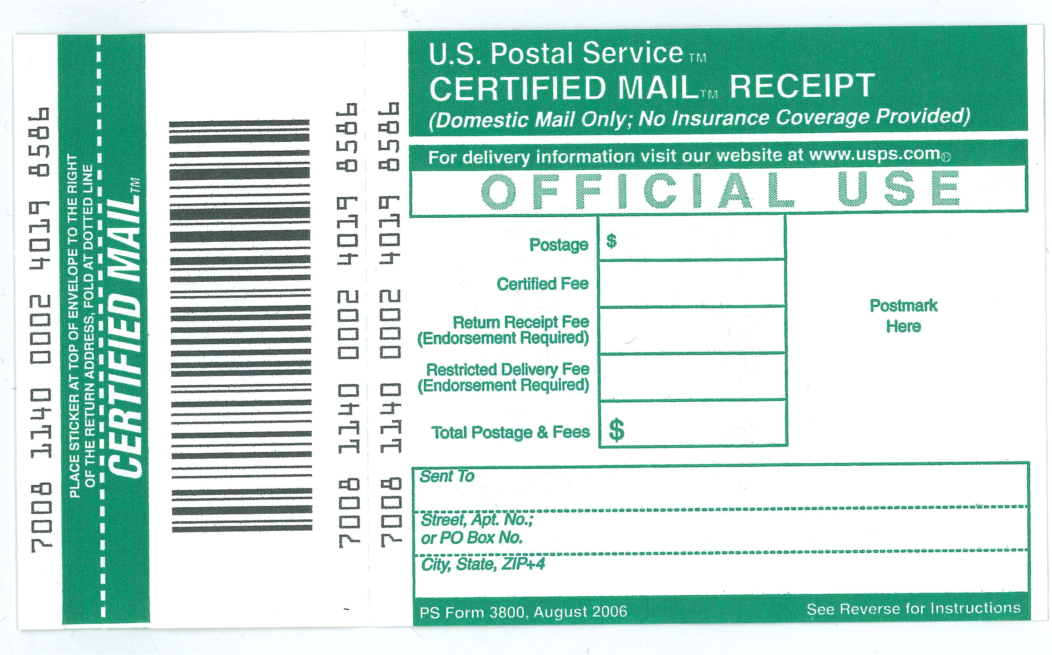 Certified Mail Receipt Template Ucr Mail Services Receipt for Certified Mail Ps form 3800