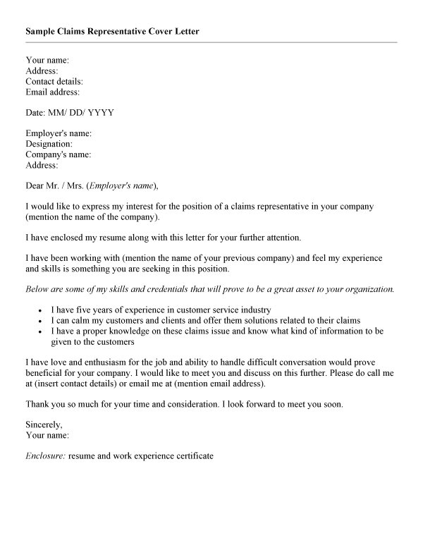 Claims Representative Cover Letter Claims Representative Resume Sample Samplebusinessresume