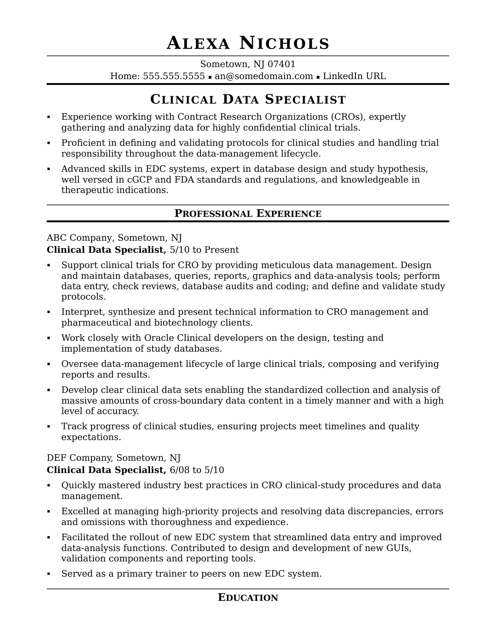 sample resume clinical data specialist