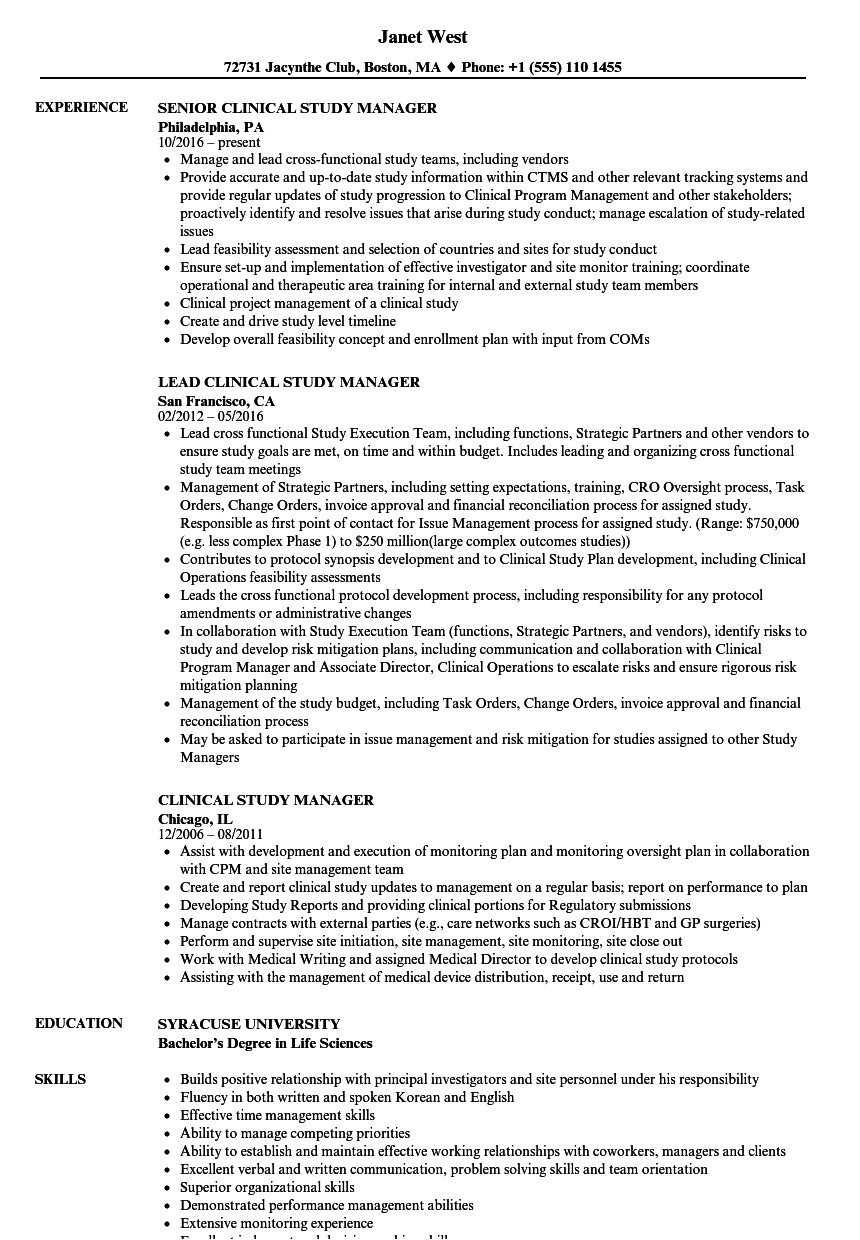 clinical study manager resume sample