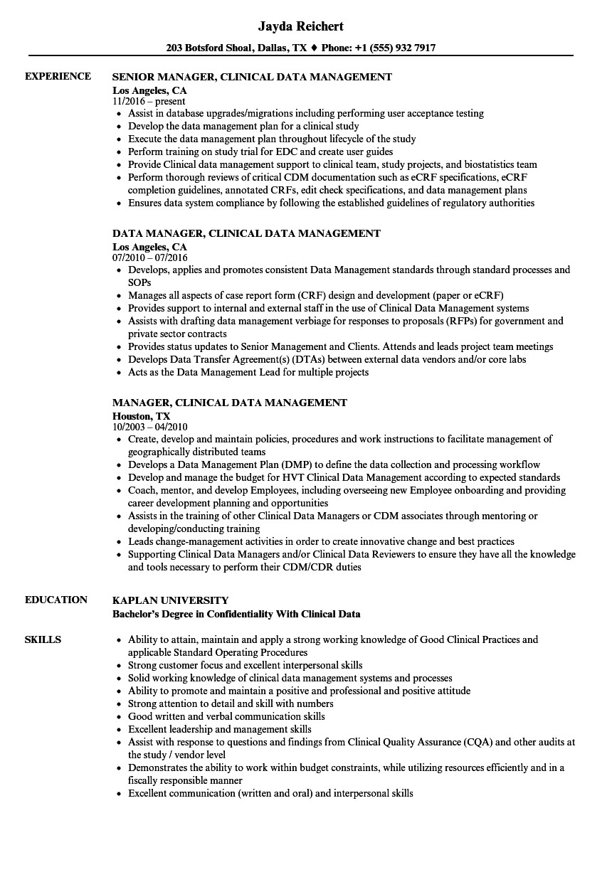 Clinical Data Management Resume Sample Manager Clinical Data Management Resume Samples Velvet Jobs