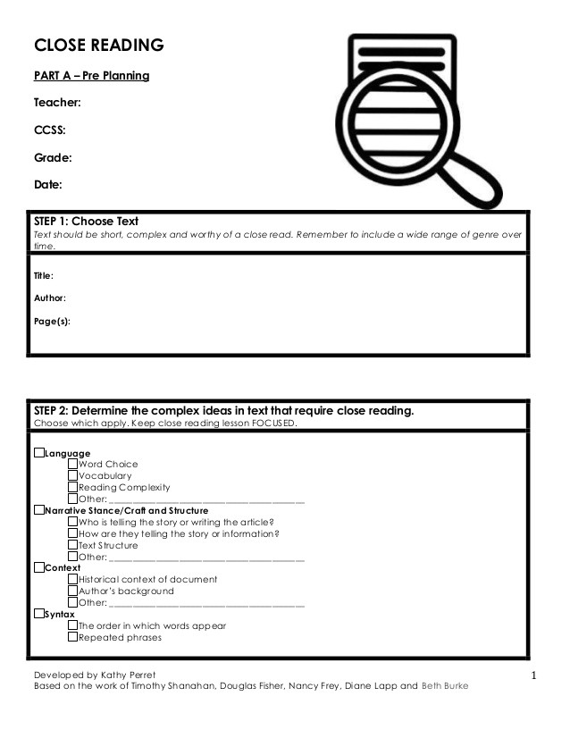 Close Reading Planning Template Close Reading Template