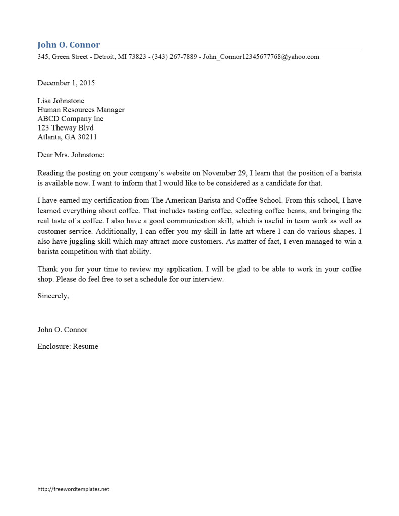 Coffee Barista Cover Letter Barista Cover Letter