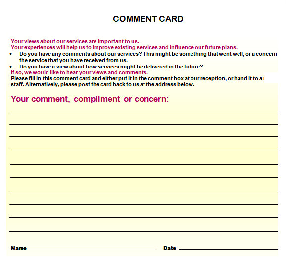 comment card template
