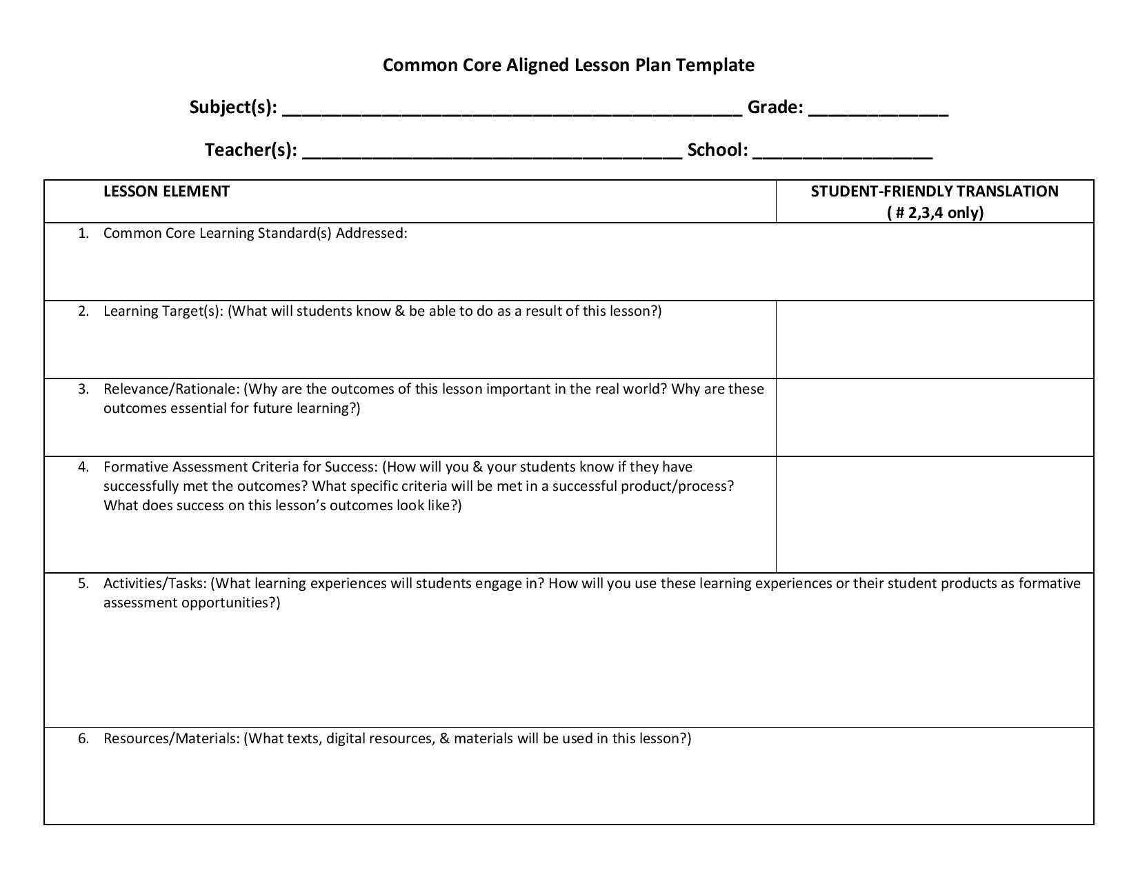 lesson planning templates ccss