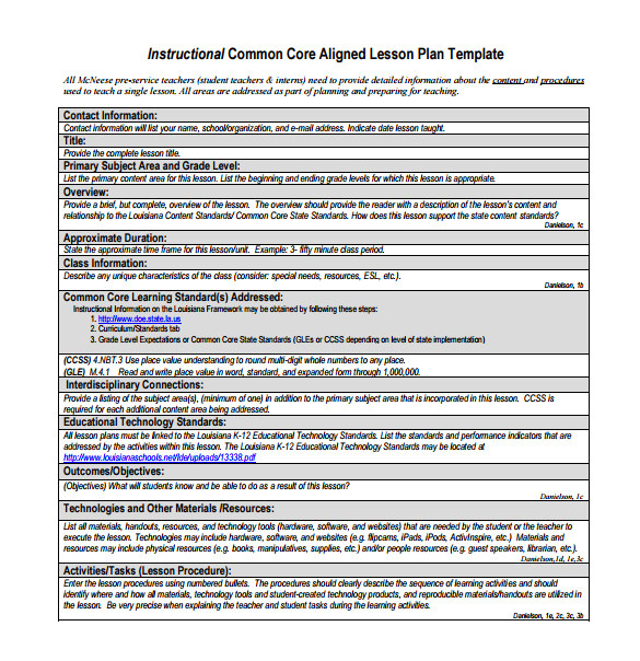 weekly lesson plan template with common core standards
