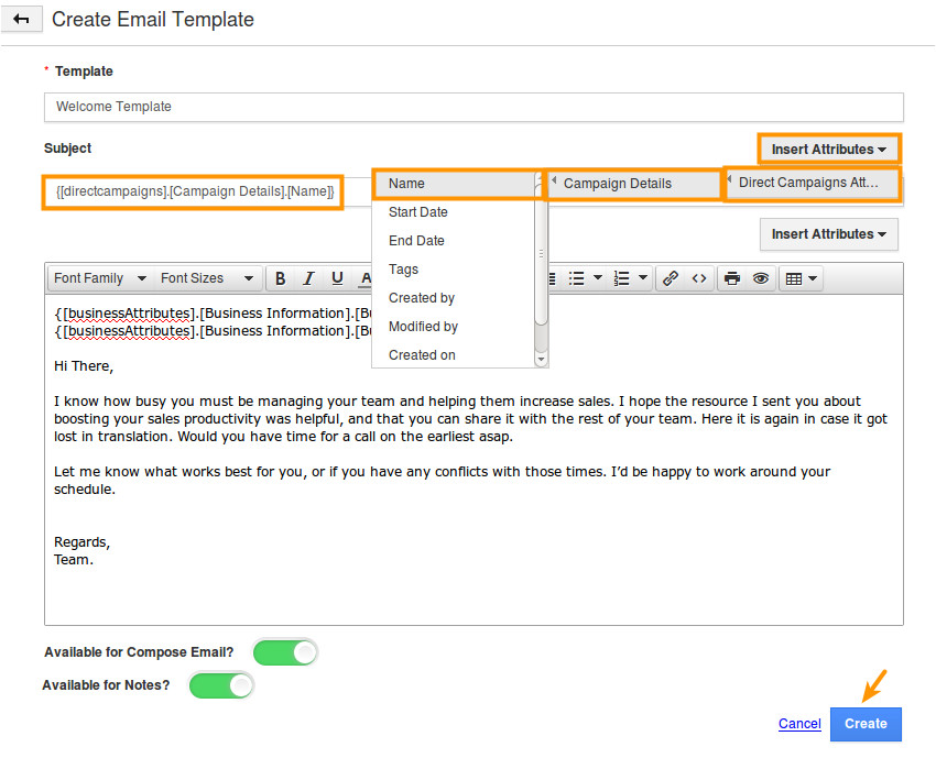how do i create email templates in direct campaigns app