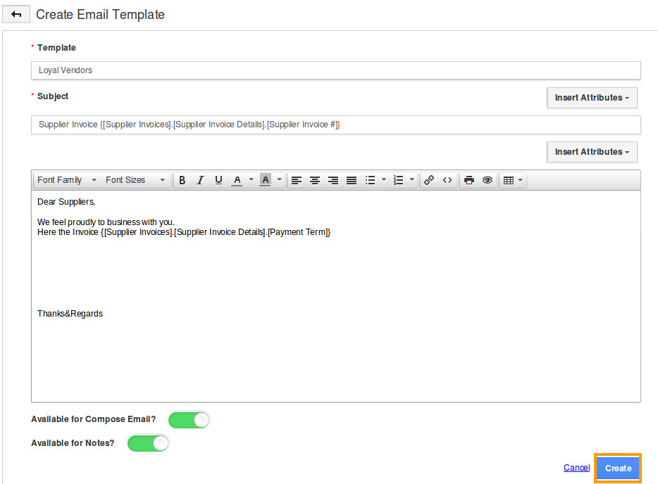 how do i setup custom email templates for my supplier invoices