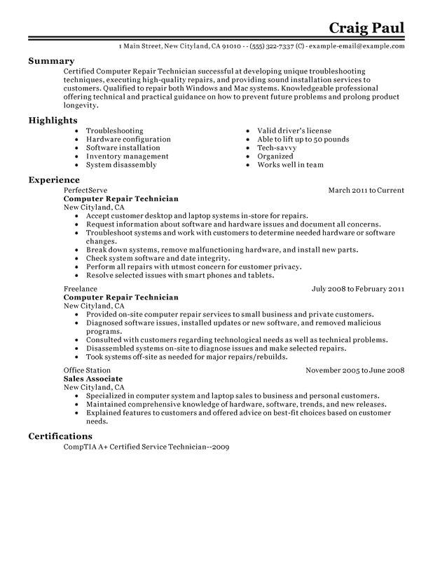 computer repair technician resume sample