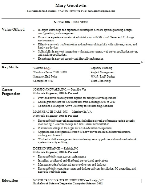 network engineer resume sample