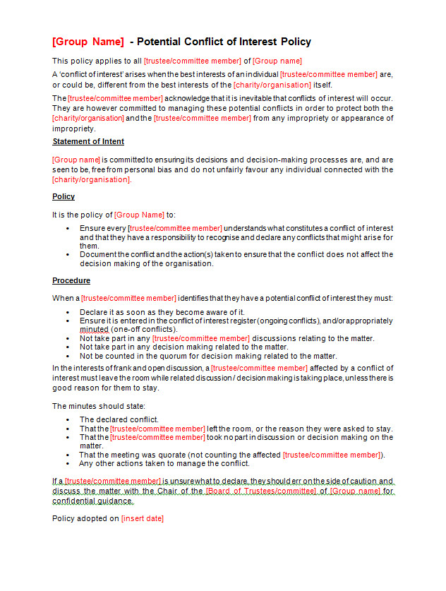 Conflict Of Interest Declaration Template Conflict Of Interest Policy Template Making Music