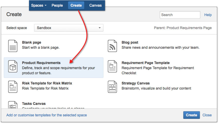 confluence trick to create pages from blueprint templates