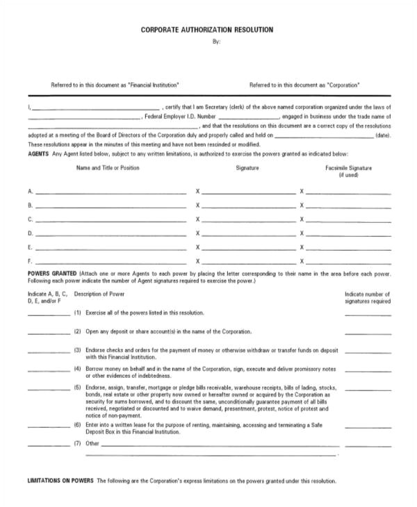 corporate resolution authorized signers template